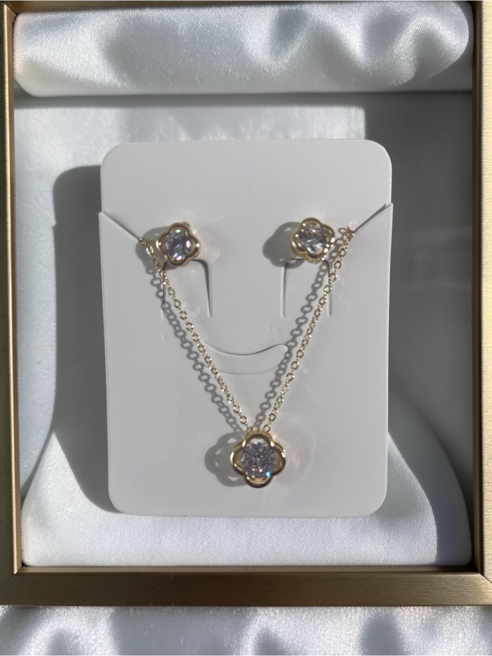 Gold Flower Cubic Zirconia Necklace and Stud Earring Set - Gold